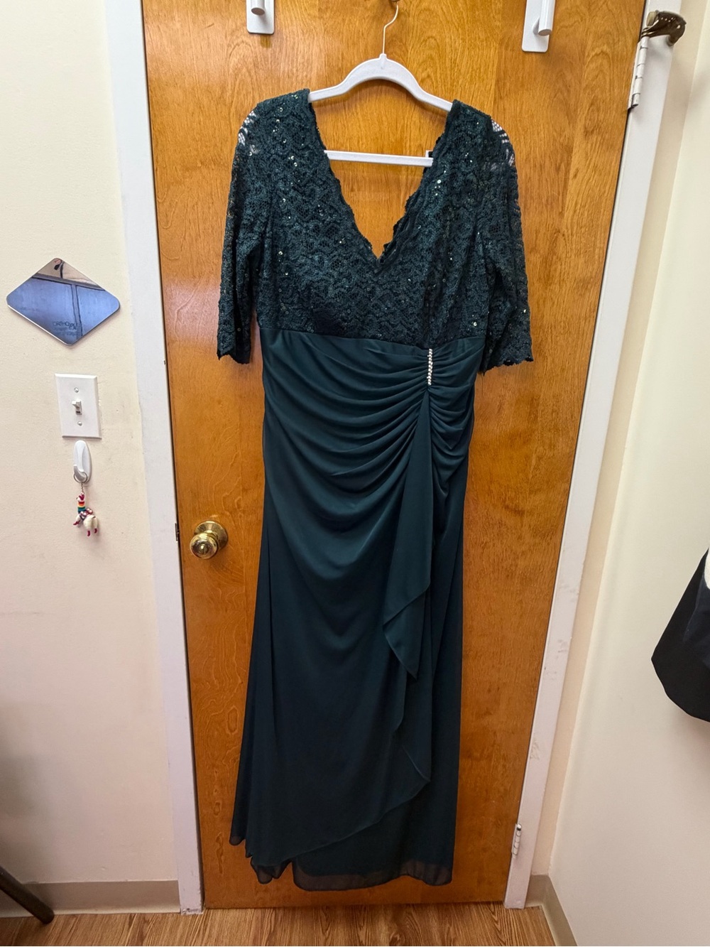 Betsy & Adam Emerald Green Lace & Draped Evening Dress